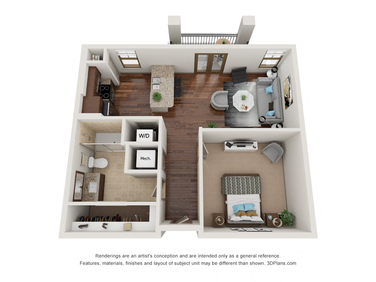Floor plan for 1 bed, 1 bath, 597 sqft